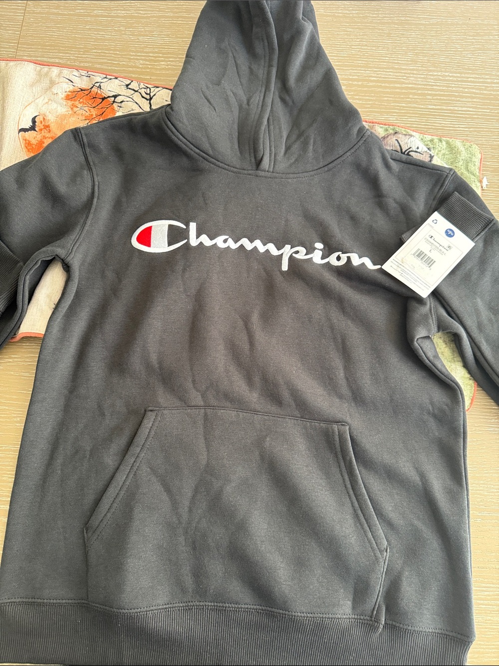 Champion Kids Black Hoodie with White Script and Red Accent